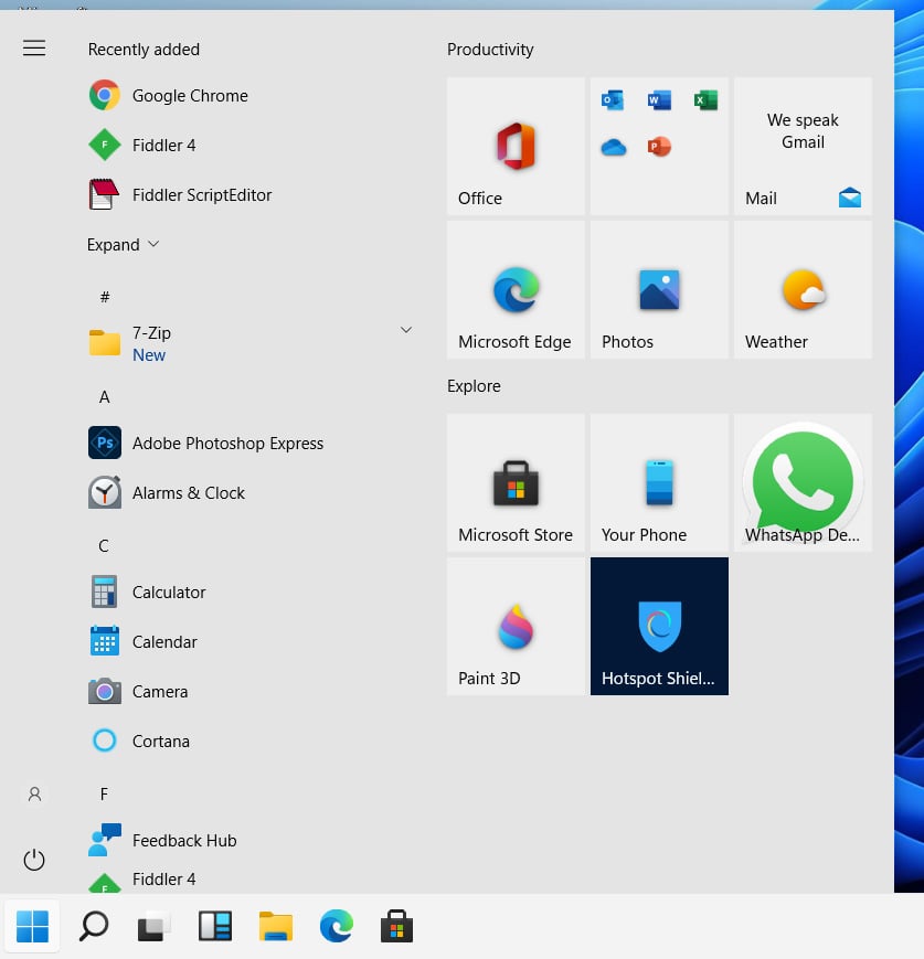 Windows 11 using the left-aligned Classic Start Menu