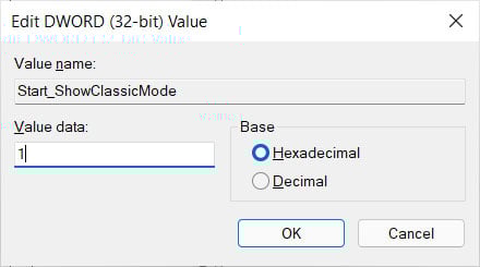 Set the Start_ShowClassicMode value to 1