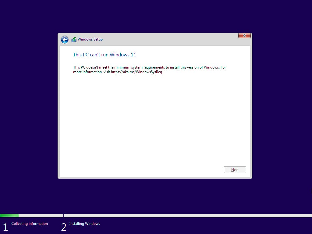 Windows 11 setup blocked due to missing hardware requirements