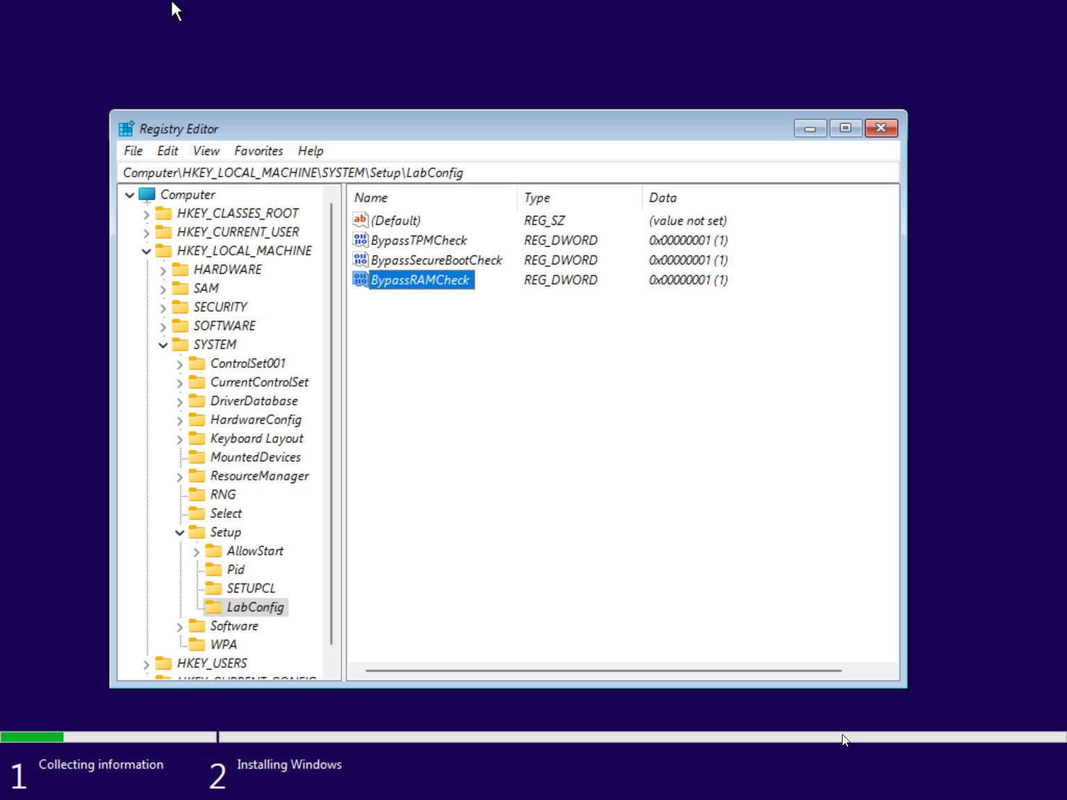 Configuring the registry to bypass hardware requirements