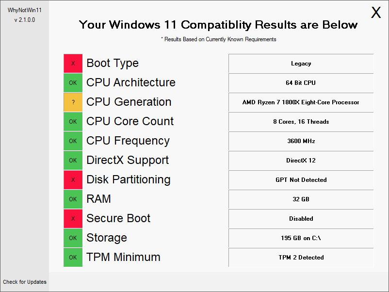 WhyNotWin11 displaying hardware results