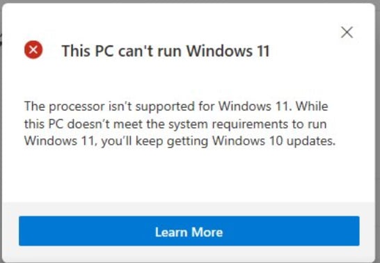 PC Health Check showing the CPU is unsupported