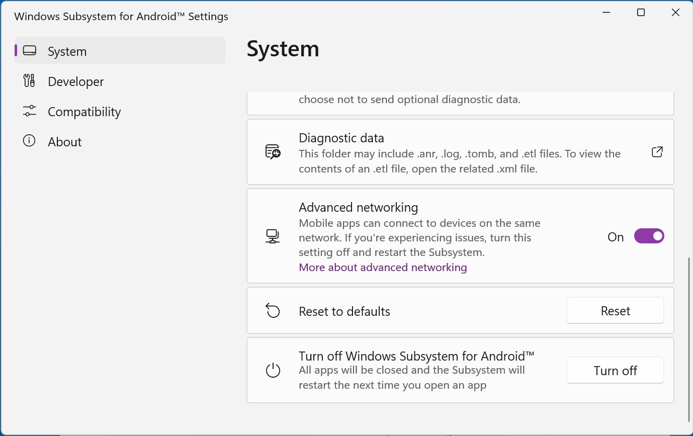 WSA's Advanced networking setting is enabled
