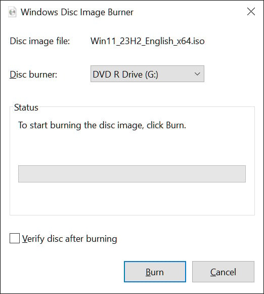 Windows 10 Burn Image prompt