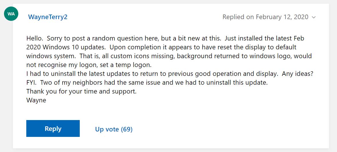User complaint in Microsoft forums