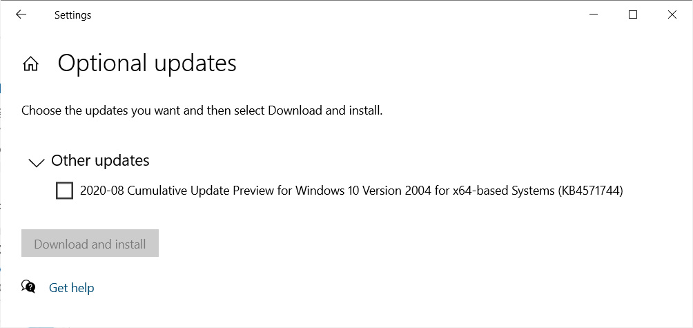 Windows 10 2004 KB4571744 optional preview update