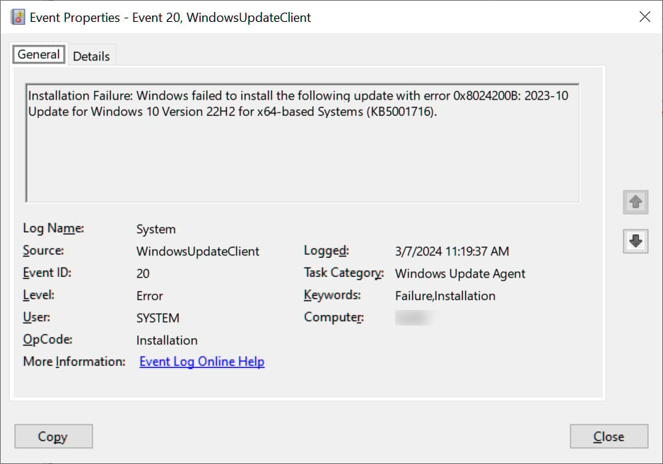 Event Viewer showing KB5001716 update installation error