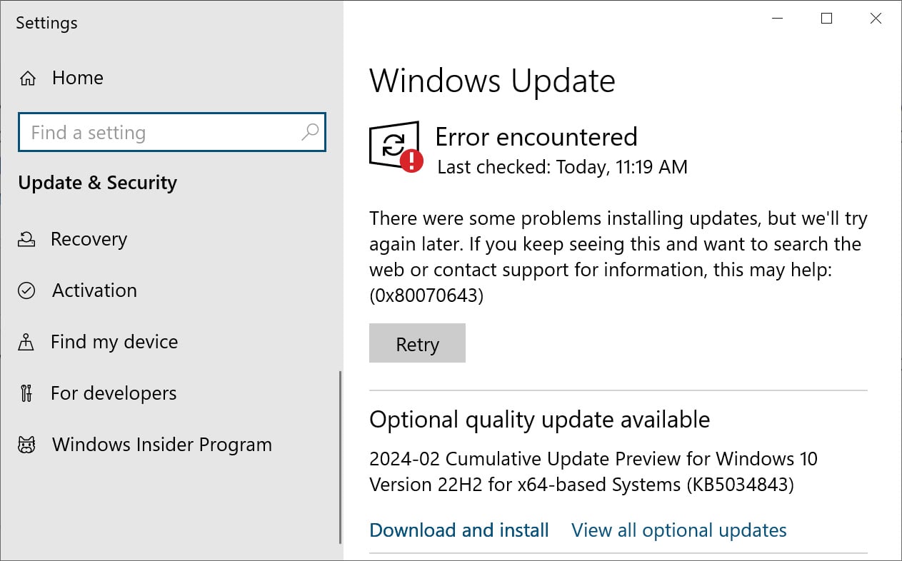 Windows Update displaying the 0x80070643 error