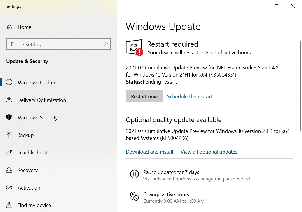 Windows Update offering the optional KB5004296 update