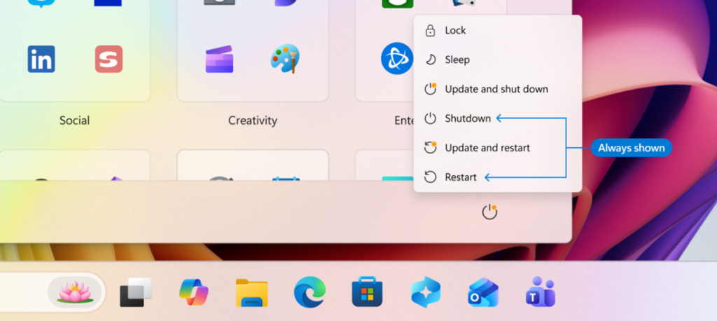 アップデートが利用可能な場合の新しい更新およびシャットダウンオプション