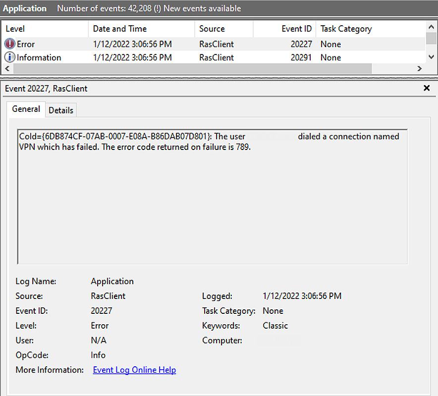 Windows event log for failed L2TP VPN connection