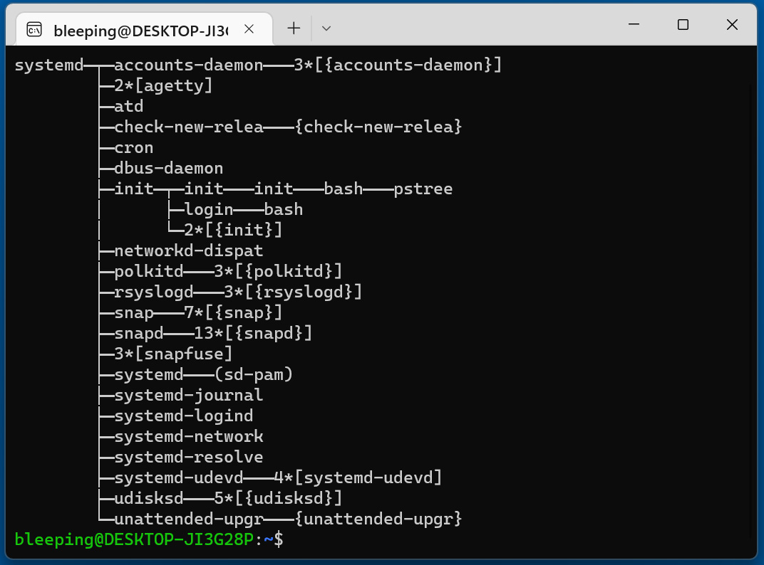 PSTree en WSL que muestra systemd ejecutándose como PID 1