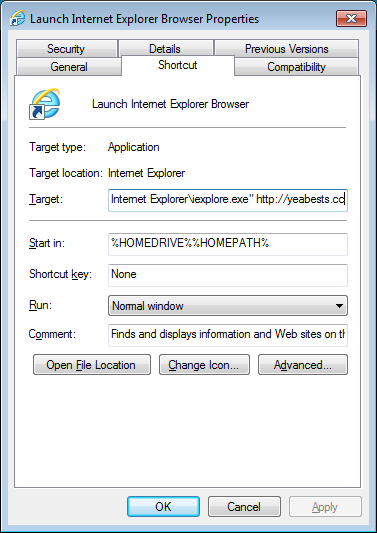 Hijacked Internet Explorer shortcut
