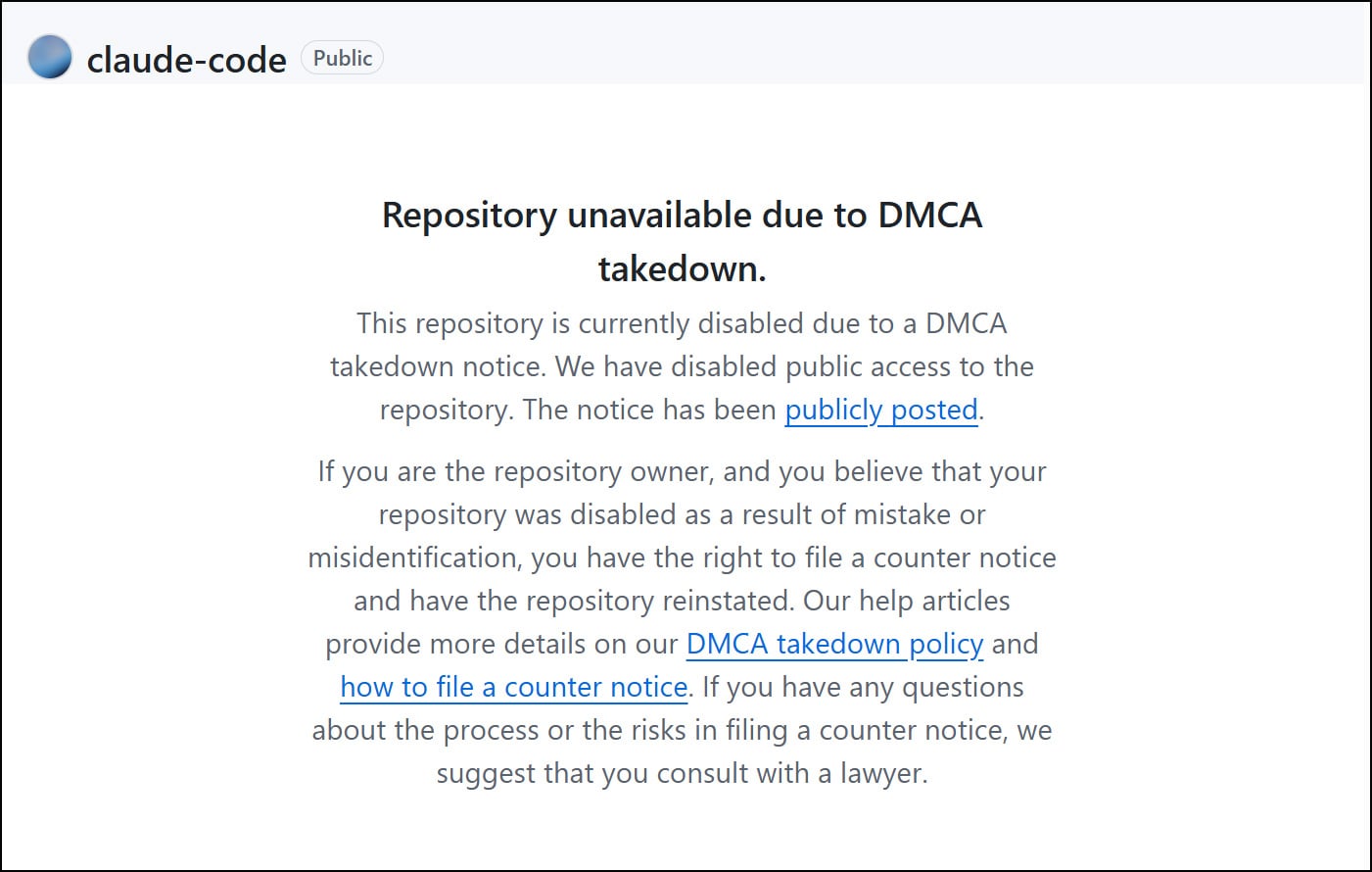 Claude Code source taken down via a DMCA infringement notification