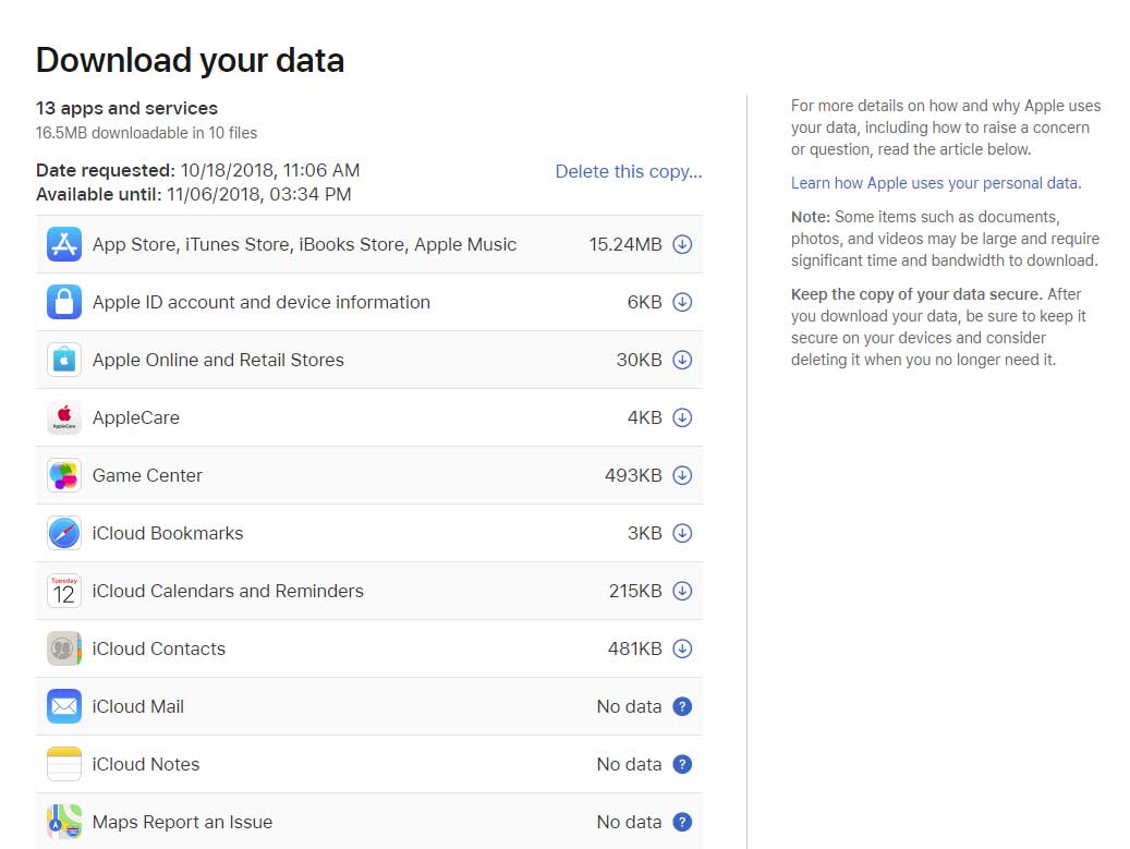 Download your data page