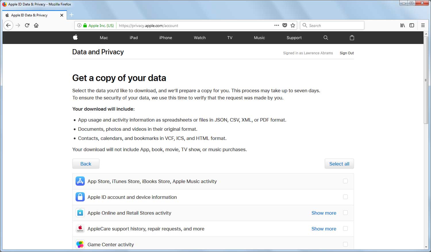 Get a copy of your data Page