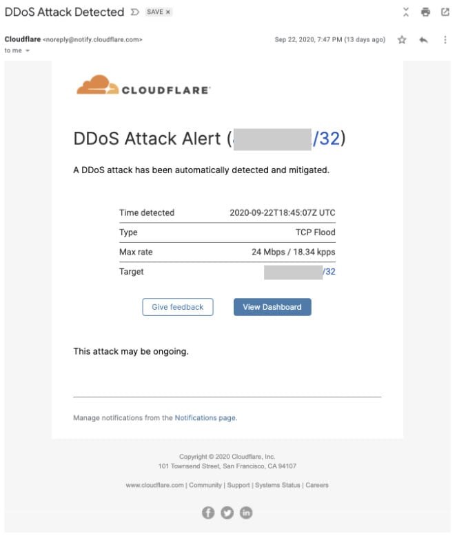 Notificación de Cloudflare DDos por correo electrónico