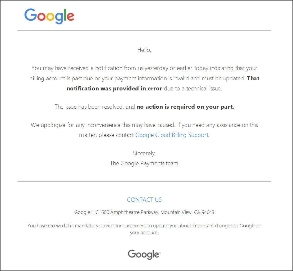 Google apologizing for incorrect emails