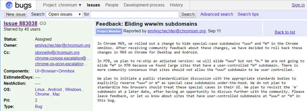 Open Chrome issue about eliding WWW subdomain
