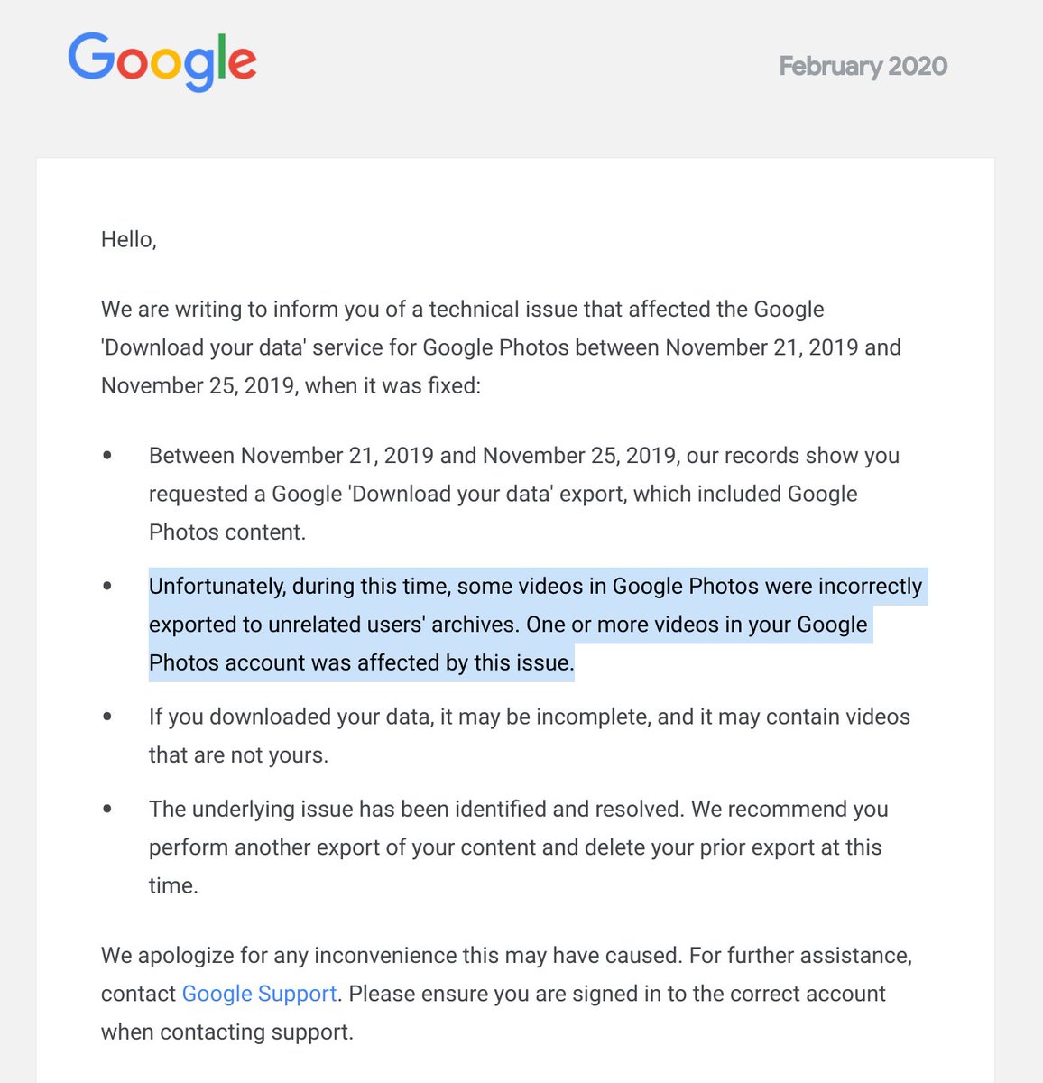 Google Takeout Notification