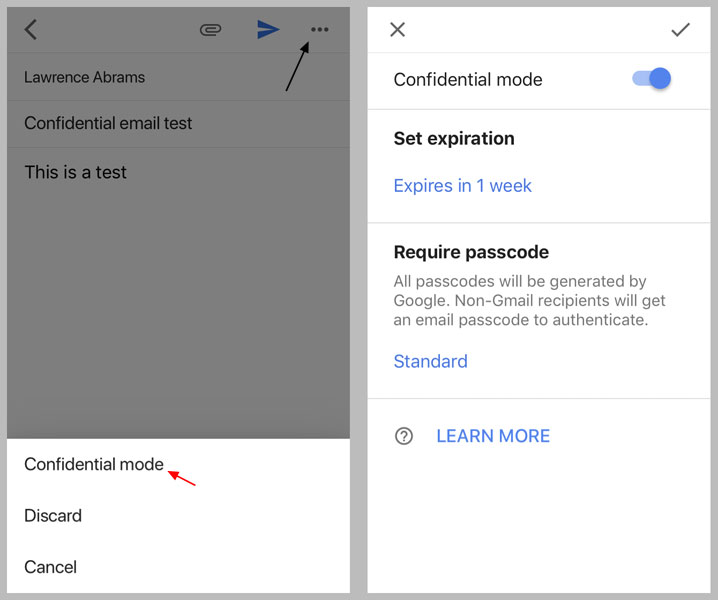 Mobile Confidential Mode screens