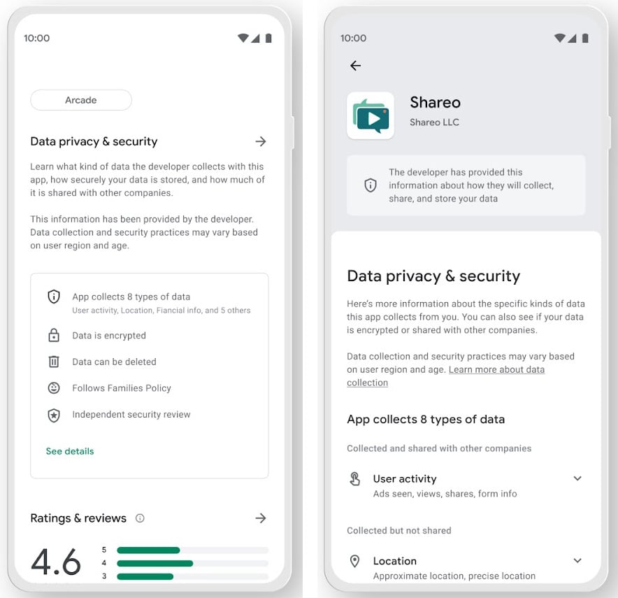 Google Play safety section for an Android app