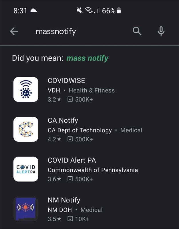 MassNotify no se encuentra en Google Play Store
