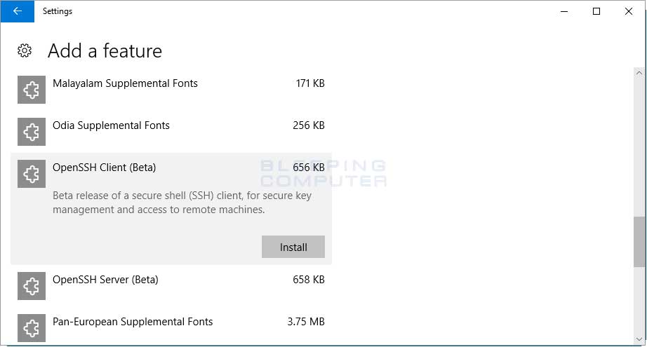 Install OpenSSH Client Beta for Windows 10