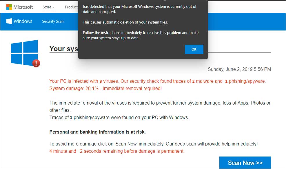 Tech Support Scam shown by malvertising campaign