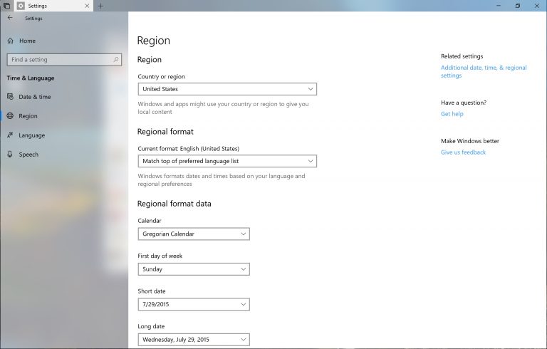 Windows 10 Region Settings Page