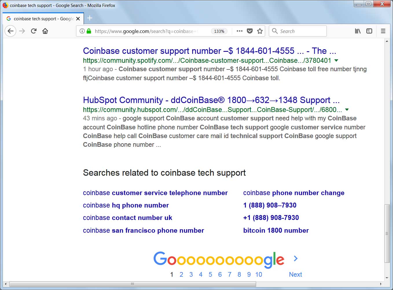 Coinbase Tech Support Numbers in First Page of Google Search Results