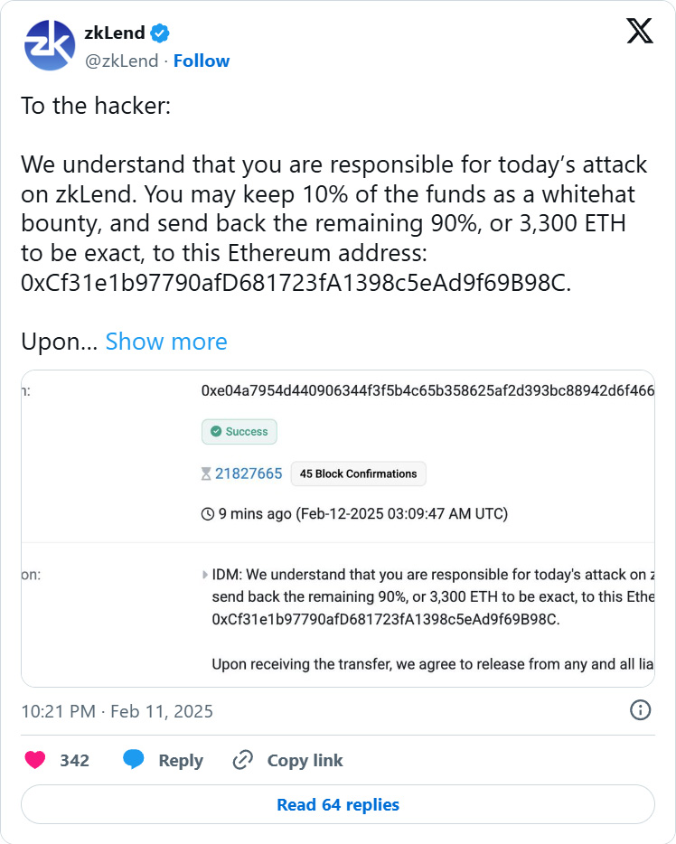 zkLend message to hacker
