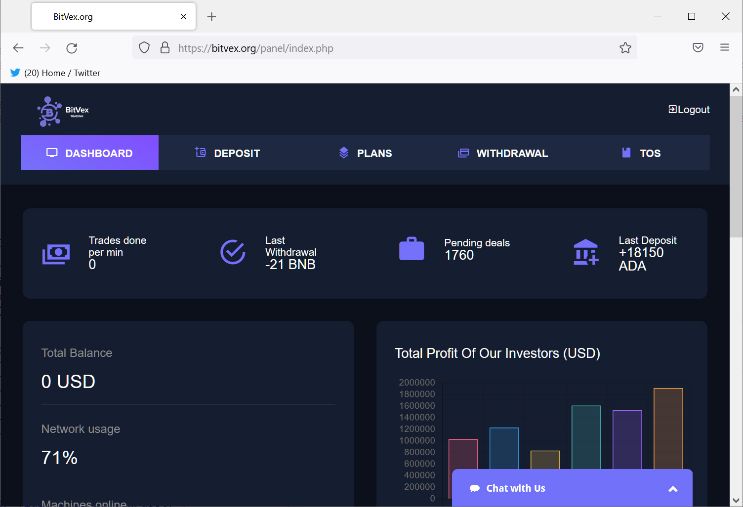 BitVex dashboard showing withdrawals