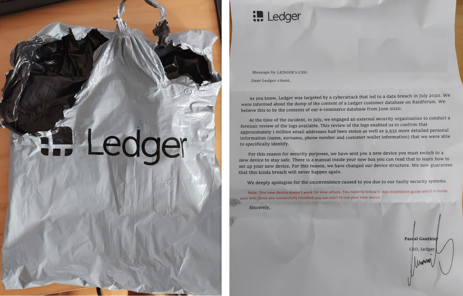 Packaging and letter for the fake Ledger device