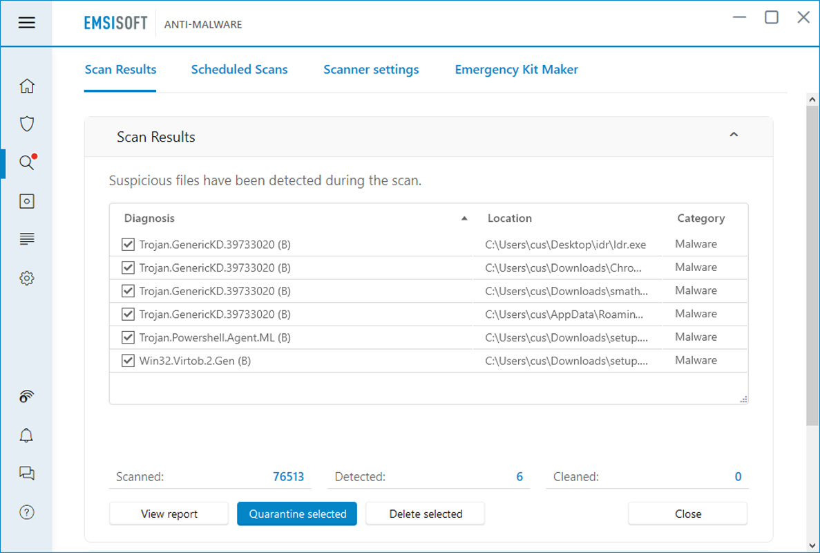 Emsisoft Anti-Malware Home detecting malware on a test machine