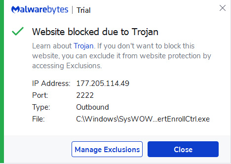 Malwarebytes blocking a malicious connection