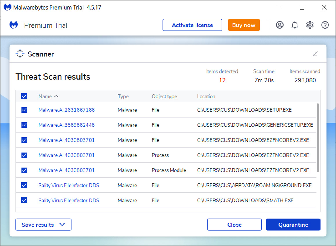 Malwarebytes scan results