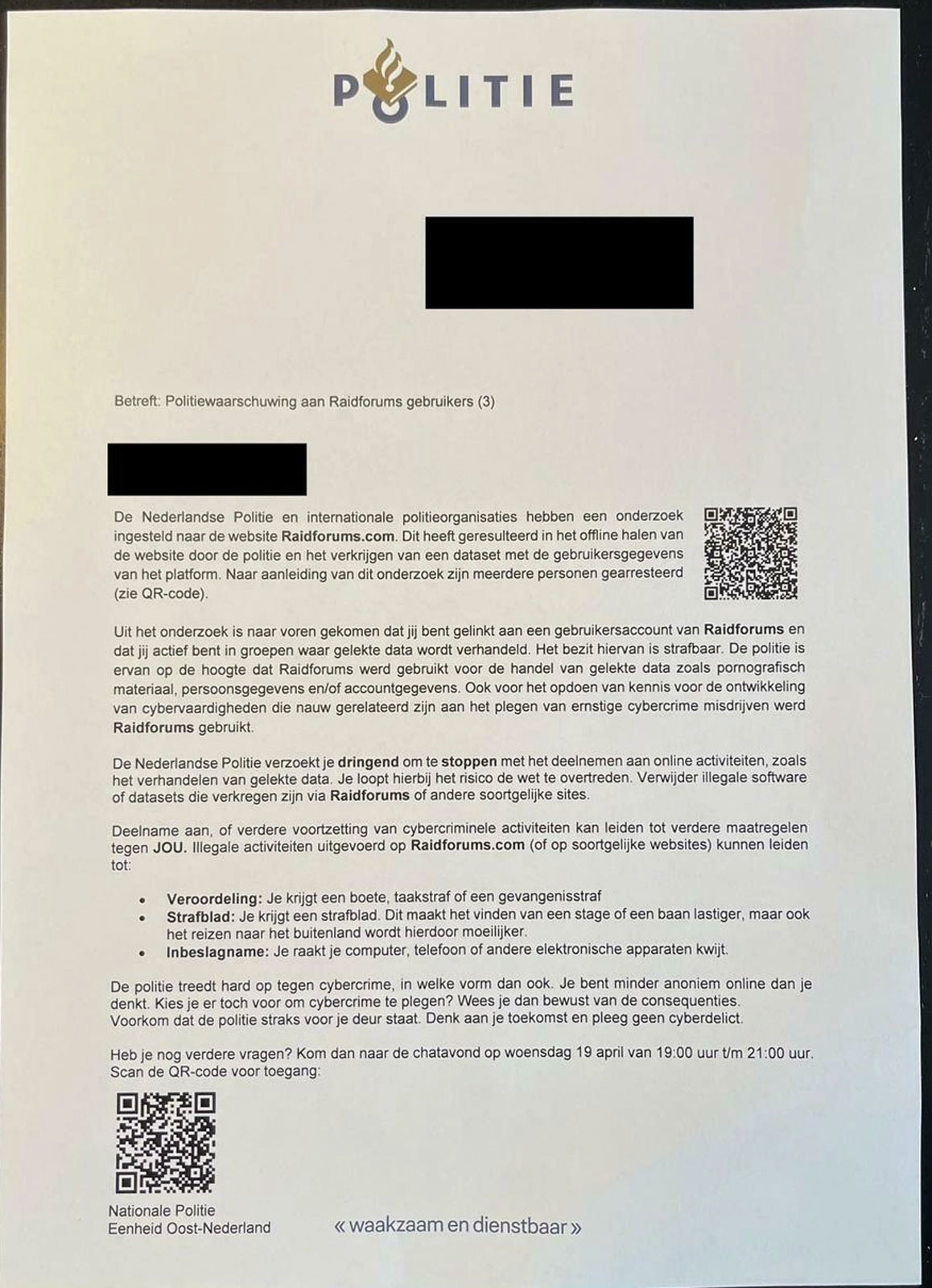 Email sent to RaidForums members by the Dutch police