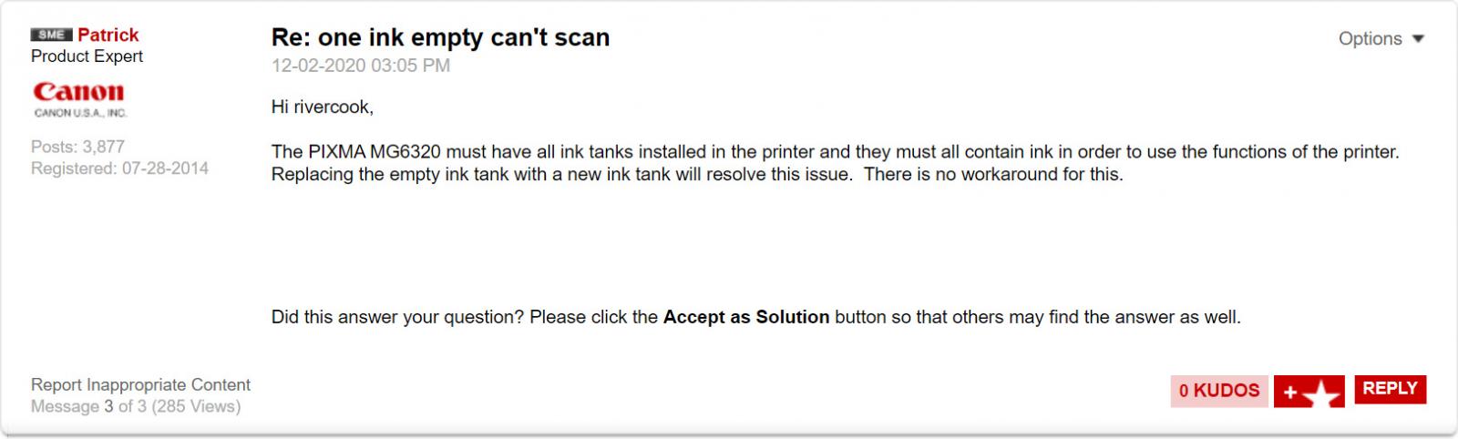 Canon Customer Service Agent Says You Need Ink to Scan