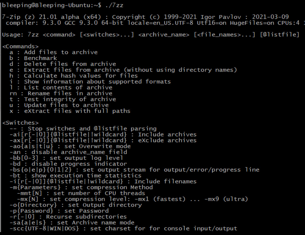 7-Zip for Linux running on Ubuntu 18.04.2