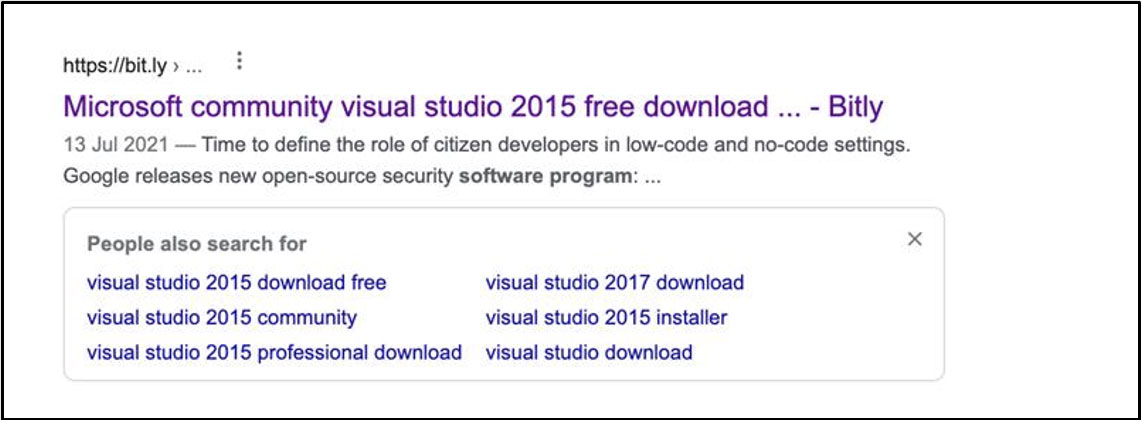 Malicious search engine result promoting Visual Studio download