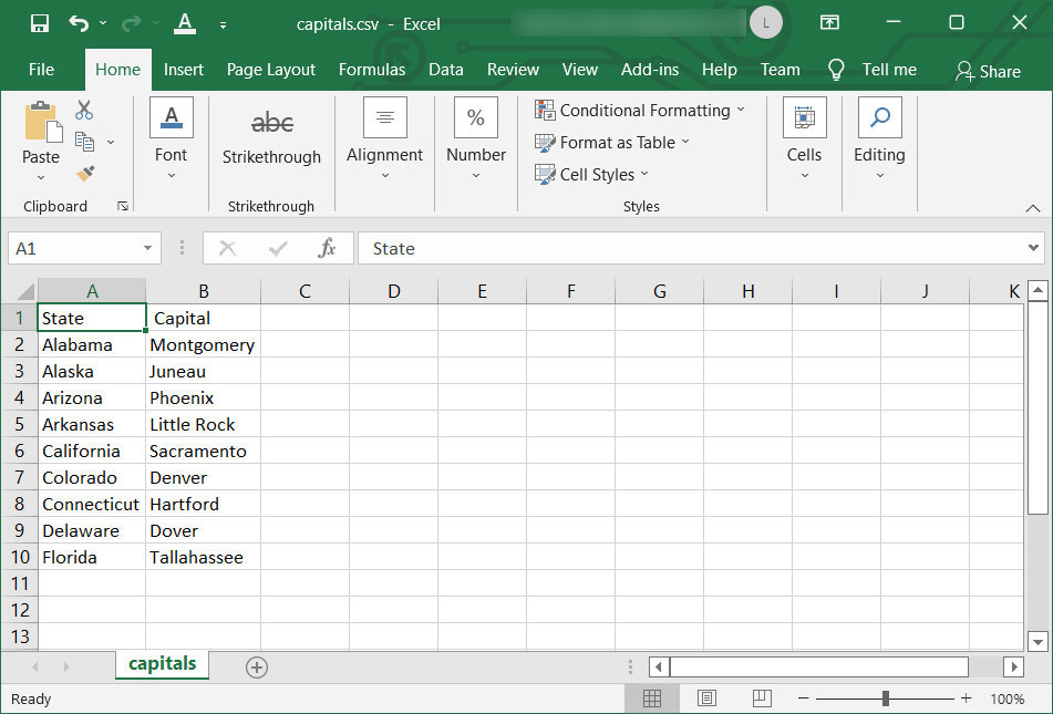 Example CSV file loaded in Microsoft Excel