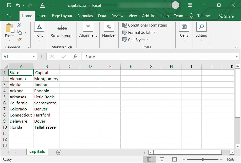 Example CSV file loaded in Microsoft Excel