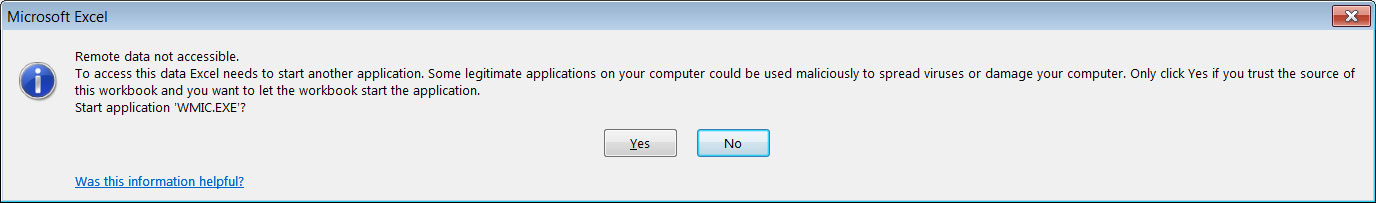 Microsoft Excel asking to confirm if WMIC should be executed