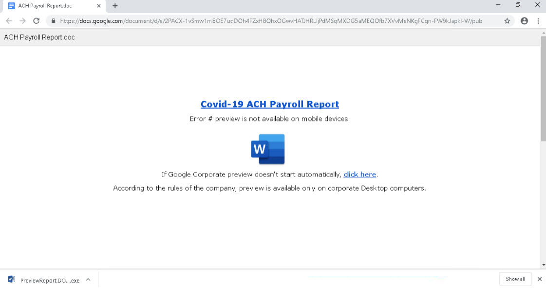 BazarLoader: Fake Google Docs hospedado anexo