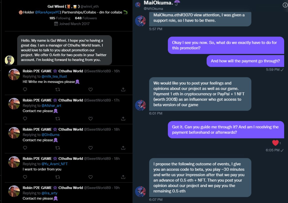 Twitter DMs promoting the fake P2E game