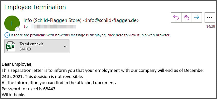 Dridex Employee Termination phishing email
