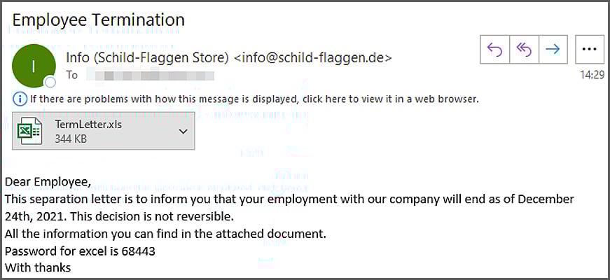 E-mail de phishing de rescisão de funcionário da Dridex