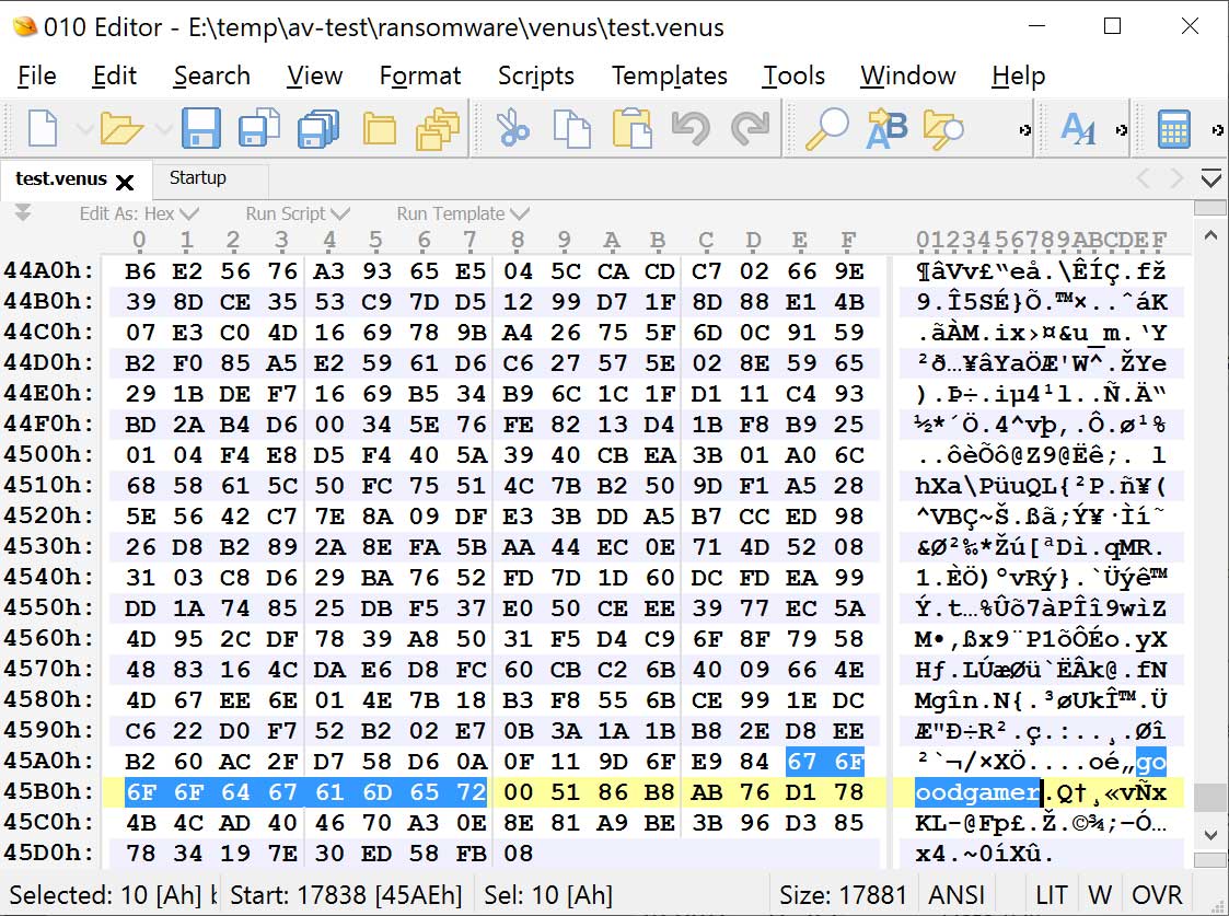 Goodgamer file marker in an encrypted file